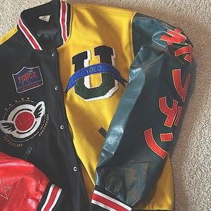 Multi-colored varsity jacket from Amazon.